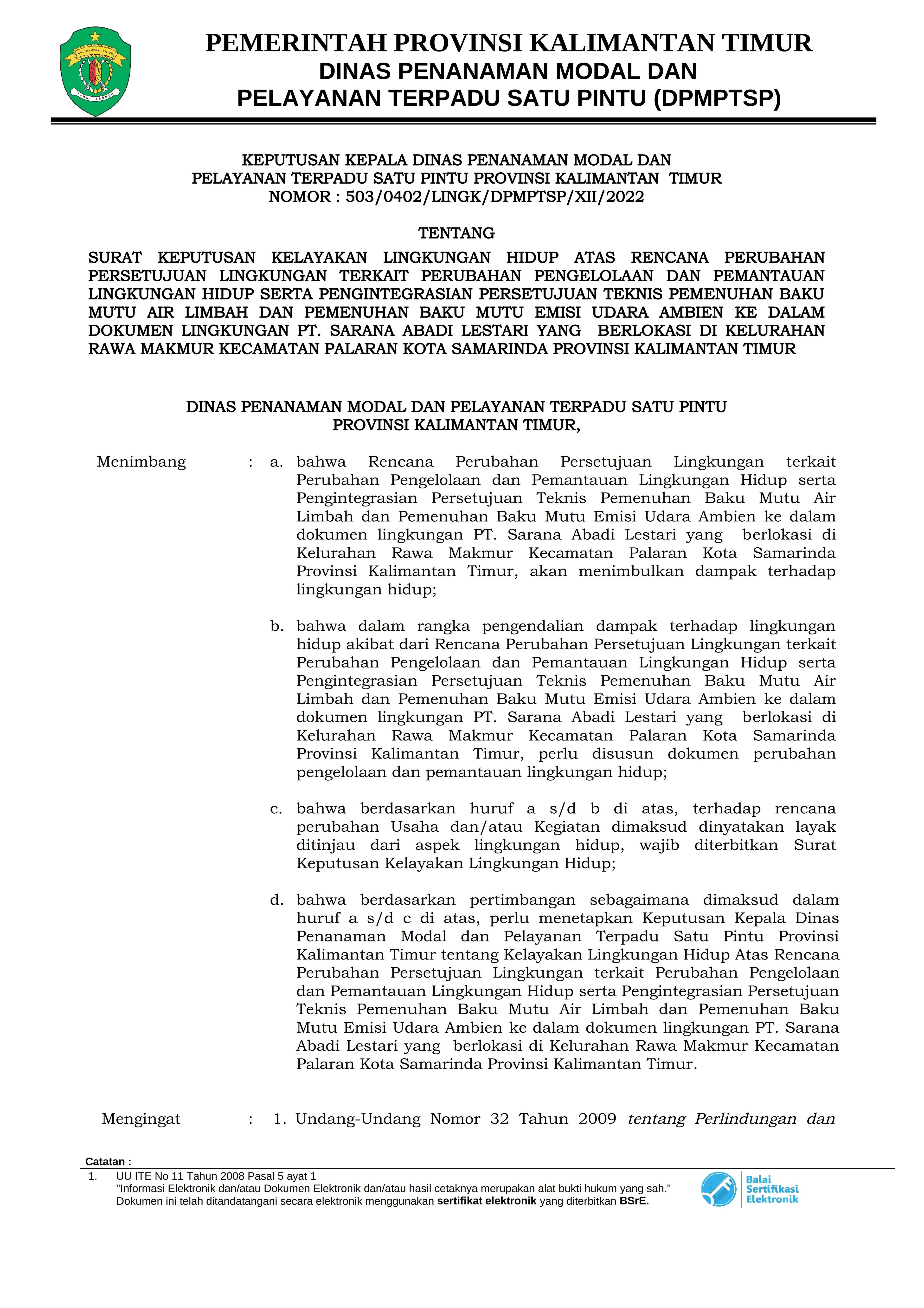 Surat Keputusan Kelayakan Lingkungan Hidup